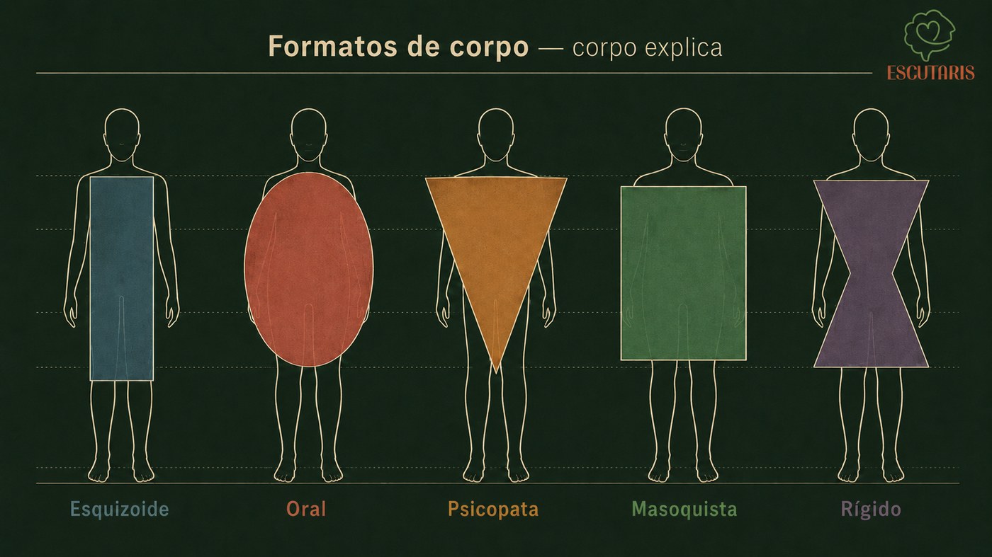 Formatos de corpo das cinco estruturas de caráter da Análise Bioenergética: esquizoide, oral, psicopata, masoquista e rígido